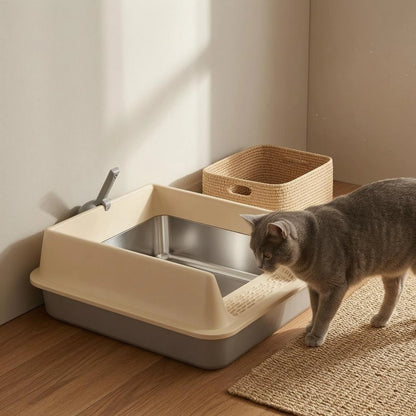 Cat Litter Box with Fence Deep Basin Open Top Litter Box Waste Tray Included Scoop Non Porous