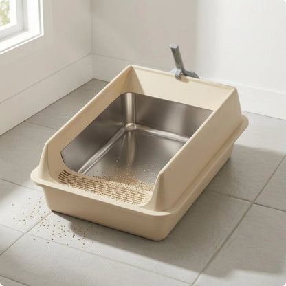 Cat Litter Box with Fence Deep Basin Open Top Litter Box Waste Tray Included Scoop Non Porous
