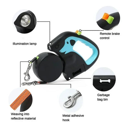 3m Rotating Nylon Pet Leash for 2 Dogs Adjustable Double Rope Leashes with Flashlight Poop Bag Box Pet Traction Rope Retractable