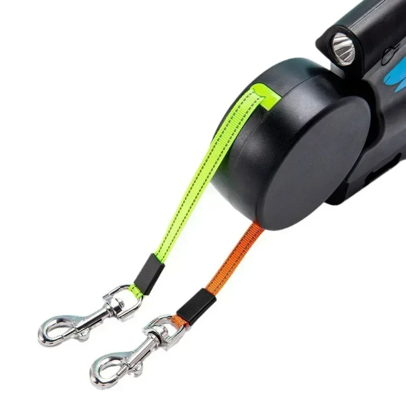 3m Rotating Nylon Pet Leash for 2 Dogs Adjustable Double Rope Leashes with Flashlight Poop Bag Box Pet Traction Rope Retractable