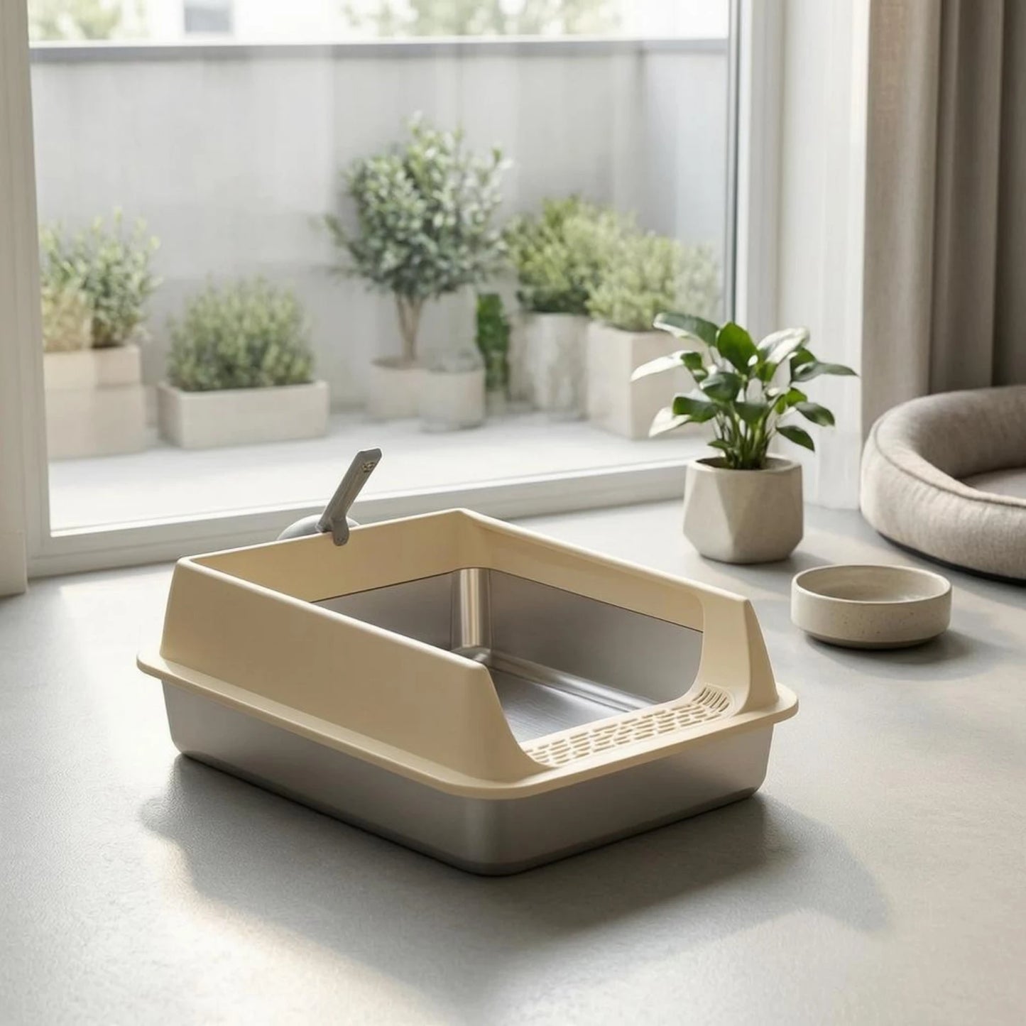 Cat Litter Box with Fence Deep Basin Open Top Litter Box Waste Tray Included Scoop Non Porous
