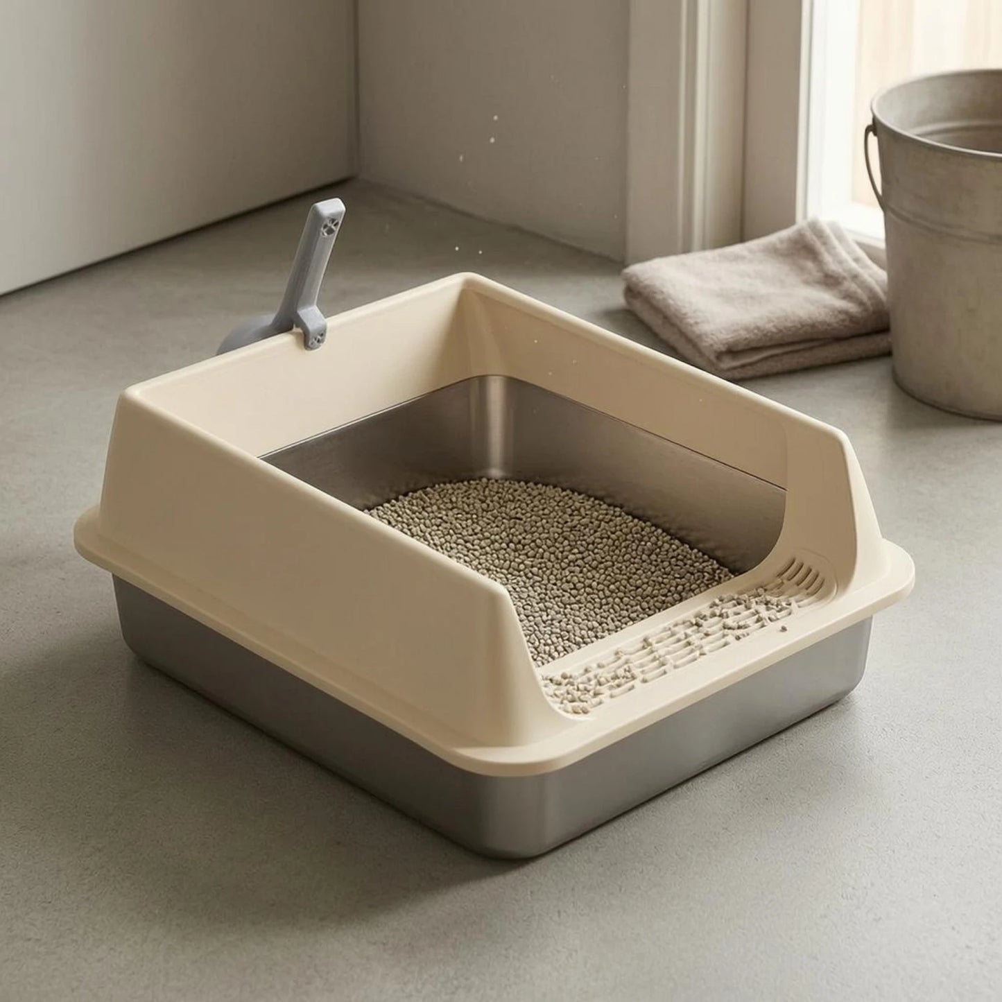 Cat Litter Box with Fence Deep Basin Open Top Litter Box Waste Tray Included Scoop Non Porous