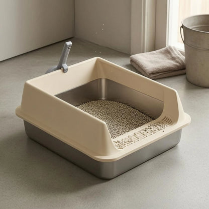 Cat Litter Box with Fence Deep Basin Open Top Litter Box Waste Tray Included Scoop Non Porous