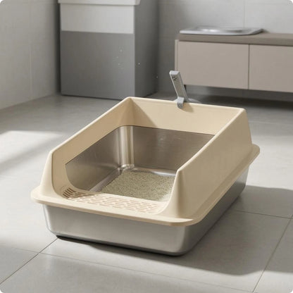 Cat Litter Box with Fence Deep Basin Open Top Litter Box Waste Tray Included Scoop Non Porous