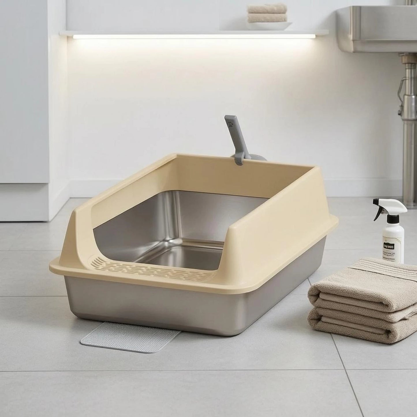 Cat Litter Box with Fence Deep Basin Open Top Litter Box Waste Tray Included Scoop Non Porous
