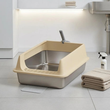 Cat Litter Box with Fence Deep Basin Open Top Litter Box Waste Tray Included Scoop Non Porous