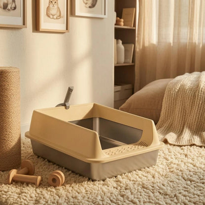 Cat Litter Box with Fence Deep Basin Open Top Litter Box Waste Tray Included Scoop Non Porous